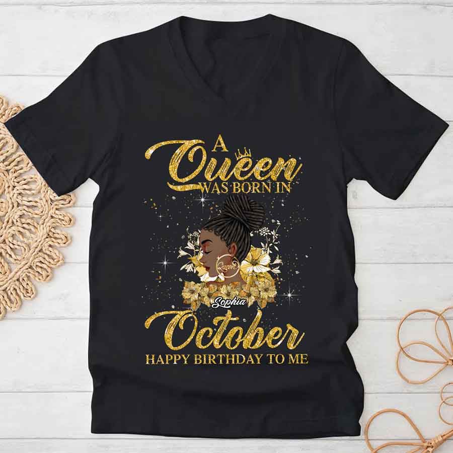 Custom October Birthday Shirt For Woman, Queens are Born In October Gifts, Melanin Afro Woman Shirt, Black Girl Tee, Afro Queen Gift-YPT-HCT