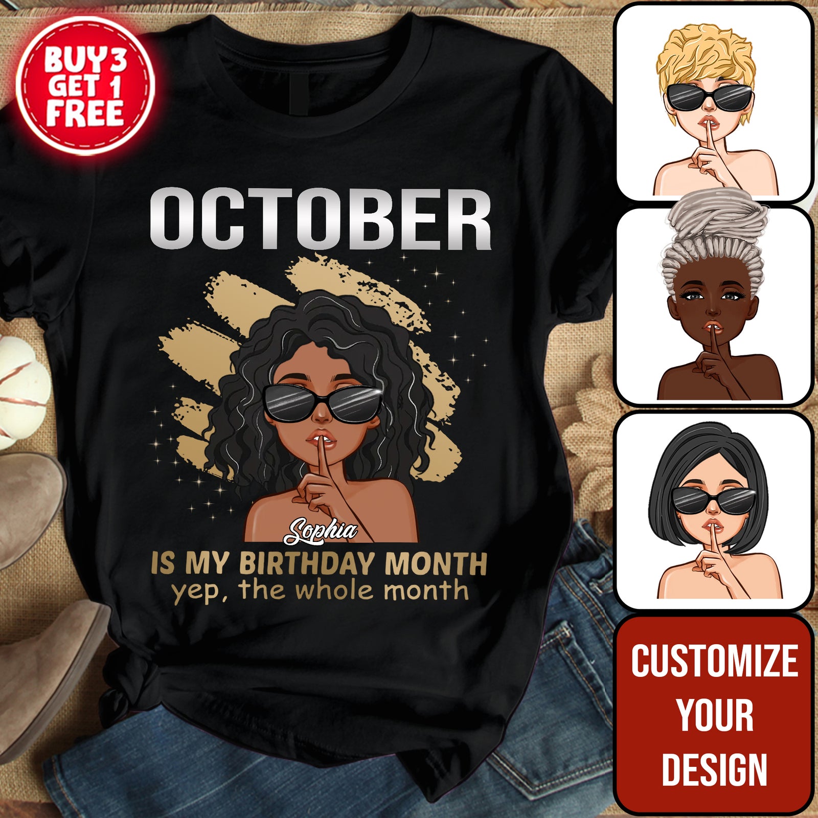 Custom October Birthday Shirt For Woman, Queens are Born In October Gifts, Melanin Afro Woman Shirt, Black Girl Tee, Afro Queen Gift-YPT-ALK
