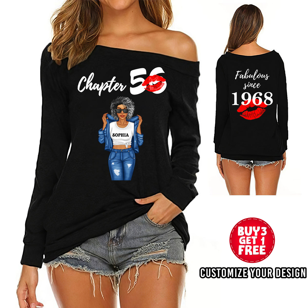 Women&#39;s Off-Shoulder Sweatshirt, Chapter 56, Fabulous Since 1968 56th Birthday - ALK
