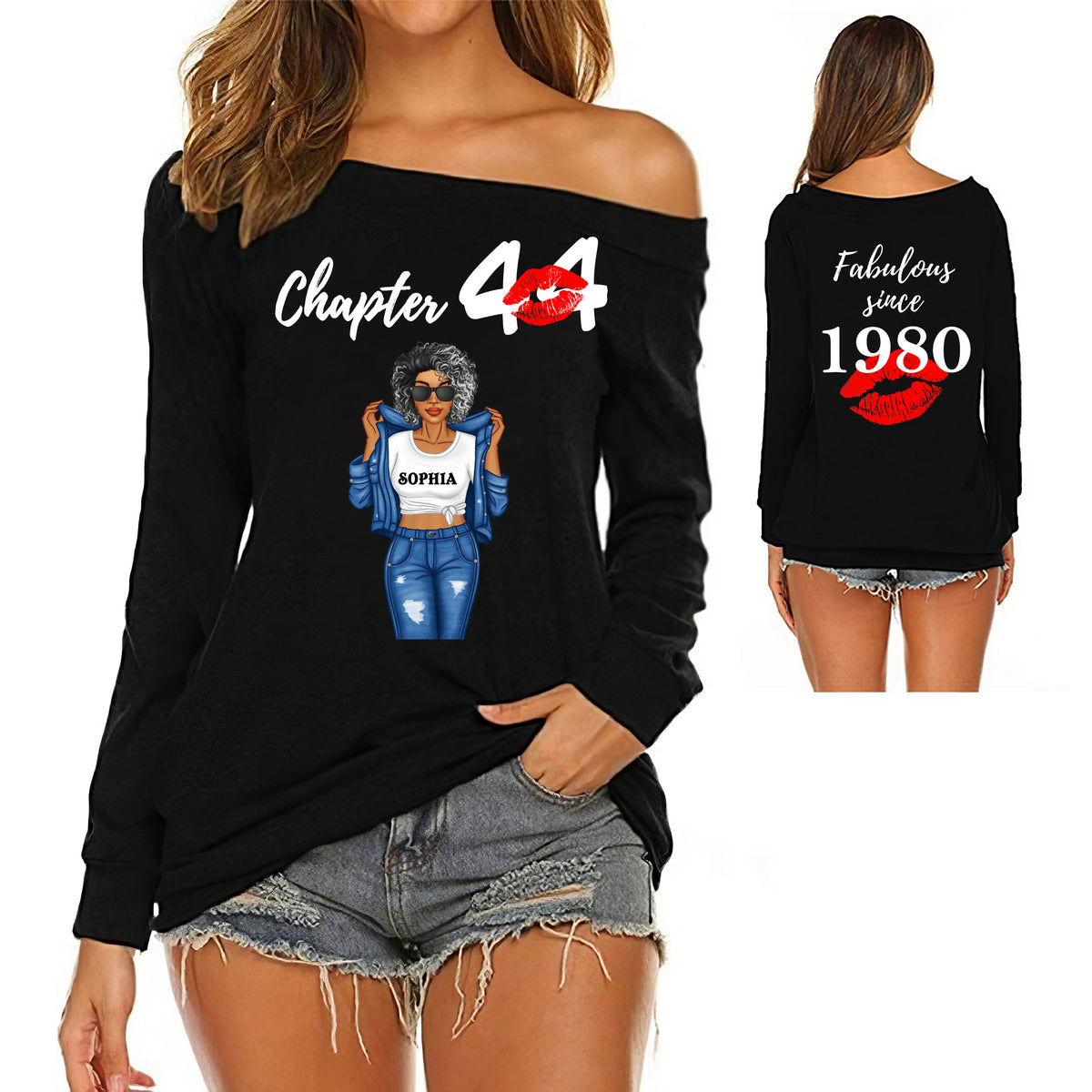 Women&#39;s Off-Shoulder Sweatshirt, Chapter 44, Fabulous Since 1980 44th Birthday  - ALK