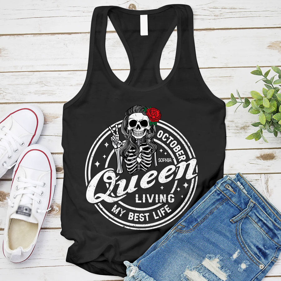 Custom October Birthday Shirt For Woman, Queens Are Born In October Gifts, Halloween Shirt