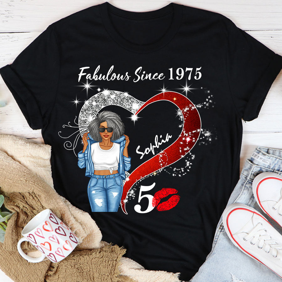 Custom Birthday Shirt, Her Gifts For 50 Years Old , Turning 50 Birthday Cotton Shirt, Fabulous Since 1975-TQL