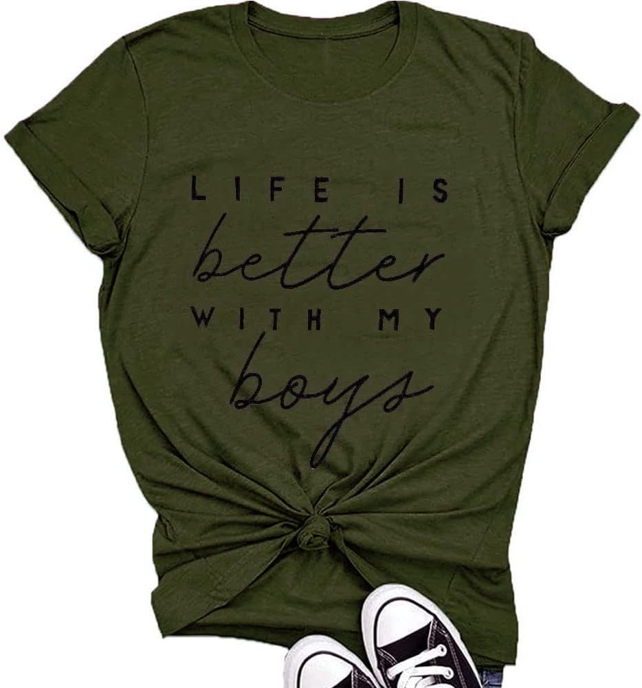 Life is Better with My Boys Women Funny Mom Gift Shirts Graphic Summer Short Athletic Casual Workout Tops Mother Shirt