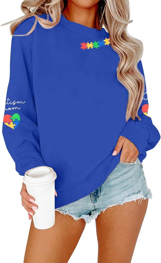 EGELEXY Autism Mom Sweatshirt Women : Autism Awareness Tops Puzzle Graphic Autistic Support Clothes