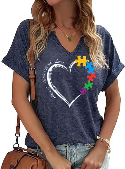 Autism Awareness Shirt for Women Accept Understand Love Heart V Neck T Shirt Autism Graphic Tops Tee