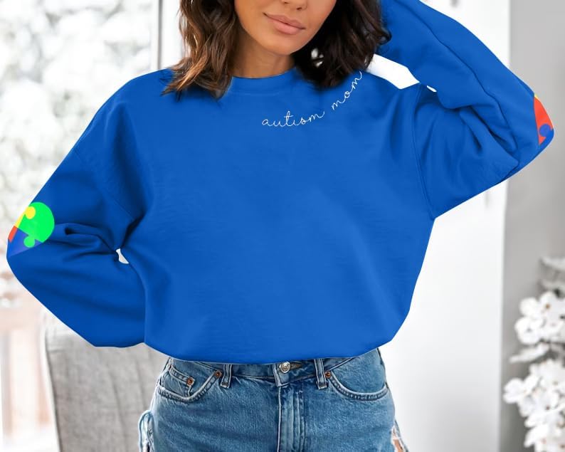 EGELEXY Autism Mom Sweatshirt Women : Autism Awareness Tops Puzzle Graphic Autistic Support Clothes