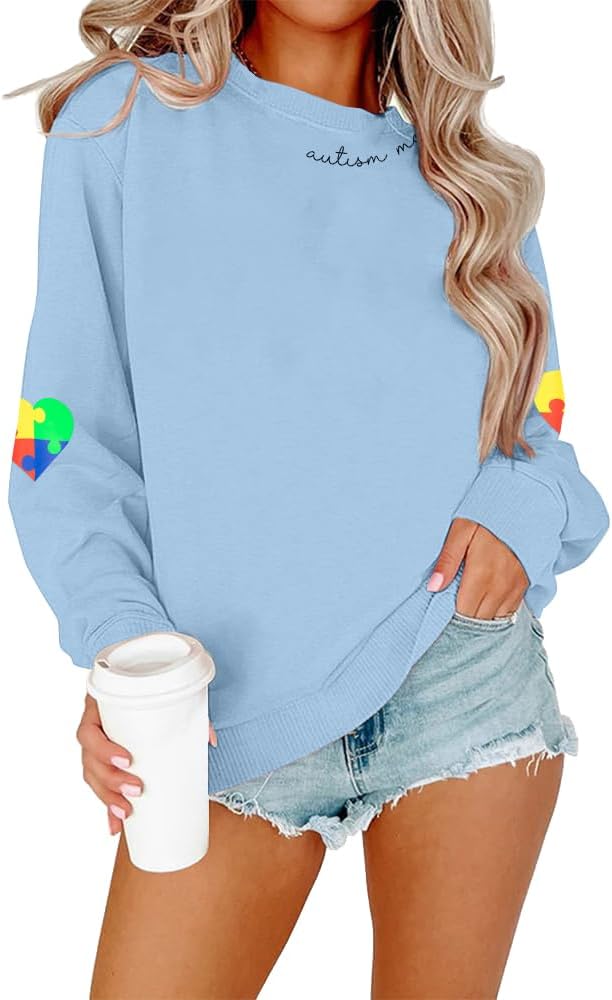 EGELEXY Autism Mom Sweatshirt Women : Autism Awareness Tops Puzzle Graphic Autistic Support Clothes
