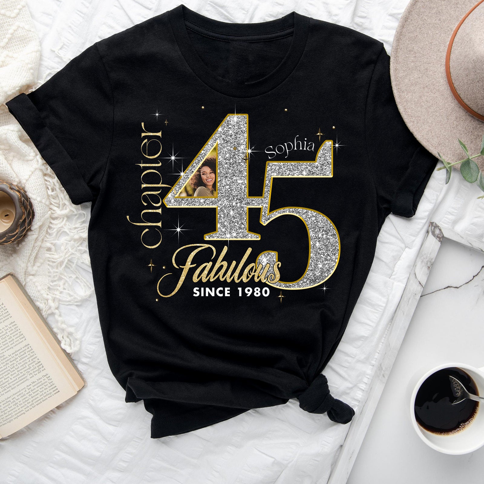 Custom Face Photo 45's Birthday Shirt, 45th Birthday Unique T Shirt For Woman, Custom Birthday Shirt, Her Gifts For 45 Years Old , Turning 45 Birthday Cotton Shirt-YPT-ALK