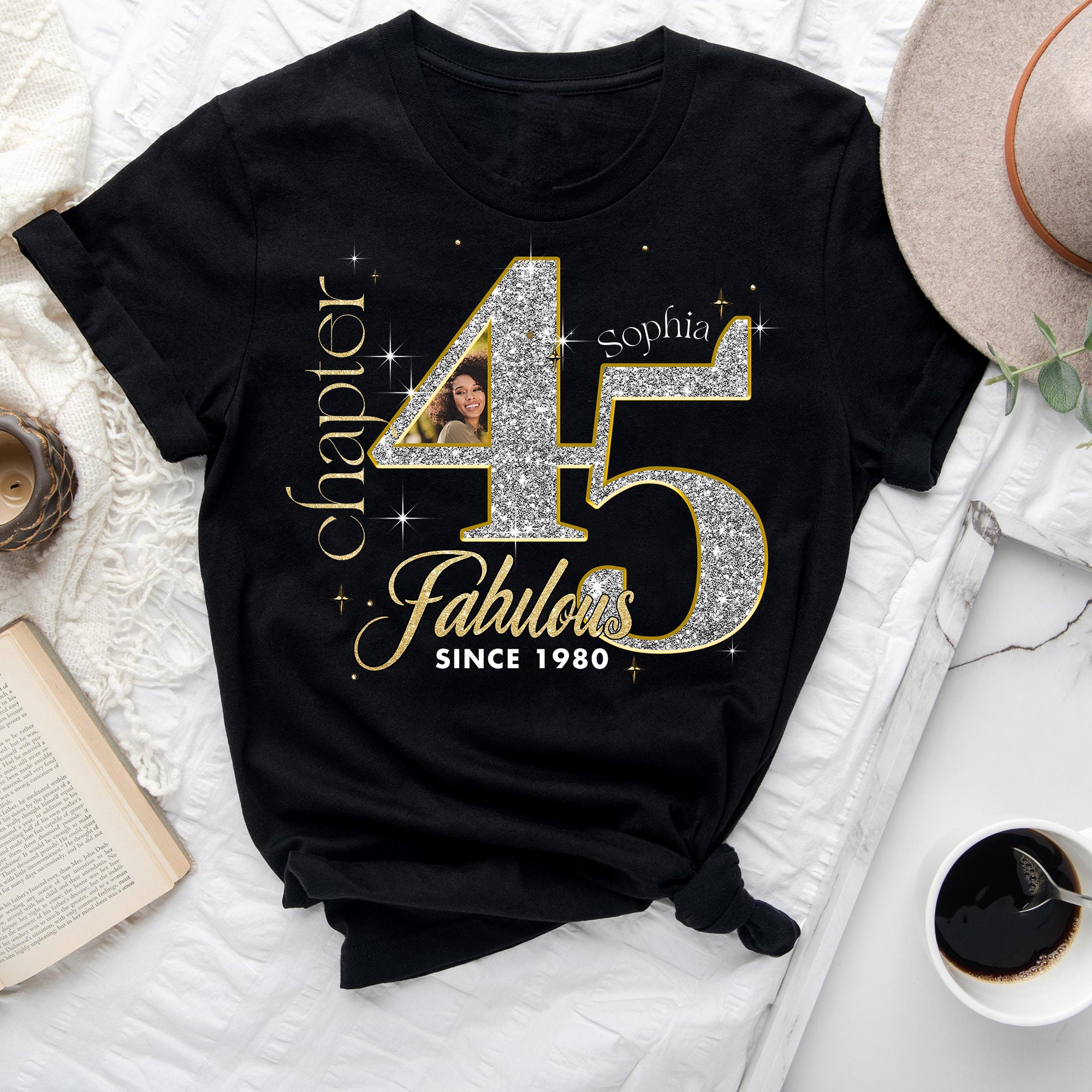 Custom Face Photo 45's Birthday Shirt, 45th Birthday Unique T Shirt For Woman, Custom Birthday Shirt, Her Gifts For 45 Years Old , Turning 45 Birthday Cotton Shirt-YPT-ALK