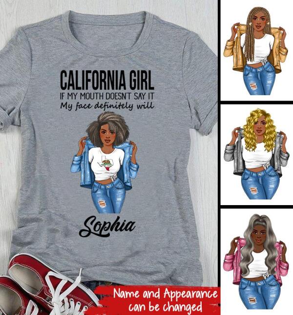 Personalized California T Shirt, California girl, If my mouth doesn&#39;t say it, my face definitely will, Afro Girls Shirt For Black Woman