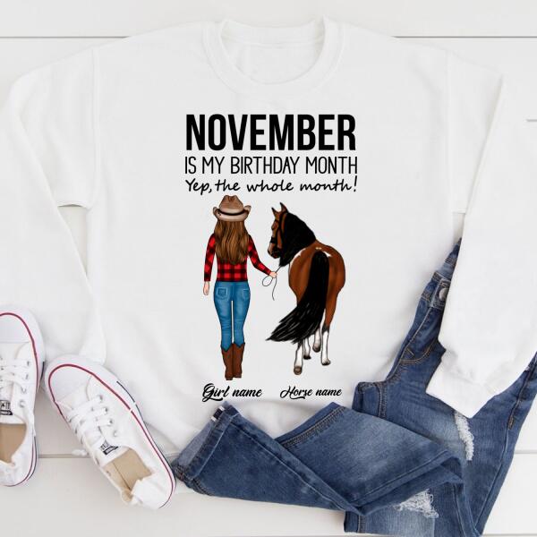 Personalized Birthday Cowgirl T Shirt, November is my birthday month, yep the whole month, Her Birthday Gifts For November, T Shirt for Horse Lovers