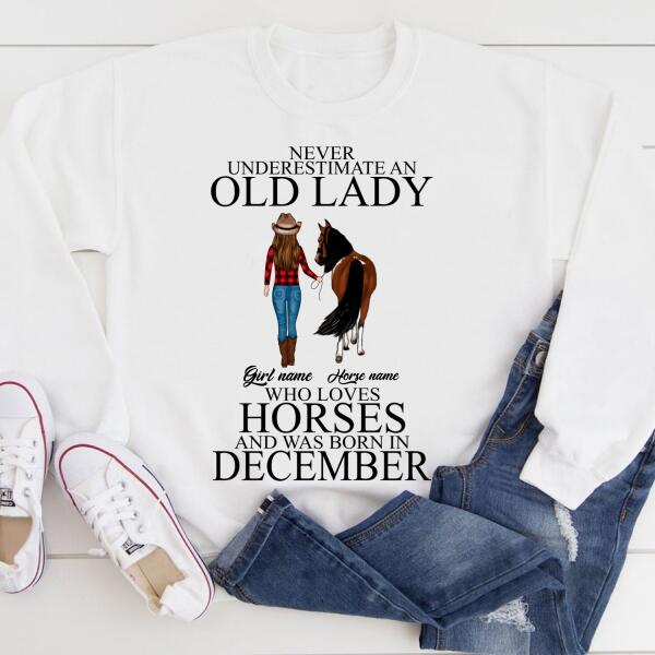 Personalized Birthday Cowgirl T Shirt, Never underestimate an old Lady who loves horses and was born in December, Birthday Gifts For December, T Shirt for Horse Lovers