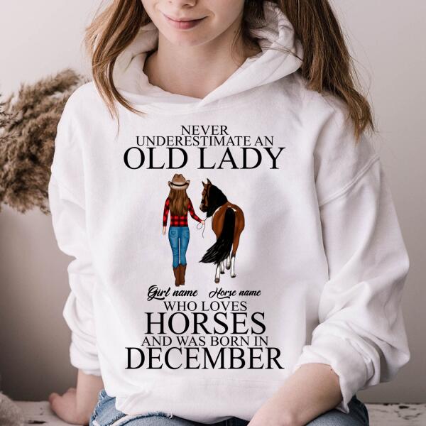 Personalized Birthday Cowgirl T Shirt, Never underestimate an old Lady who loves horses and was born in December, Birthday Gifts For December, T Shirt for Horse Lovers