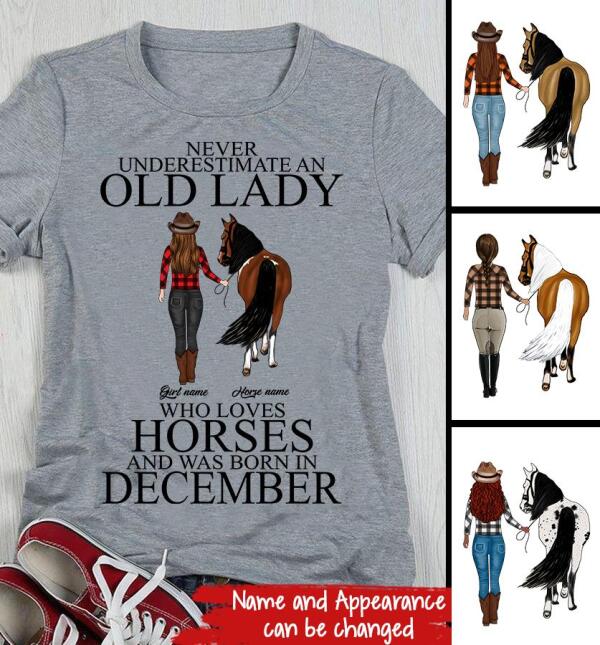 Personalized Birthday Cowgirl T Shirt, Never underestimate an old Lady who loves horses and was born in December, Birthday Gifts For December, T Shirt for Horse Lovers