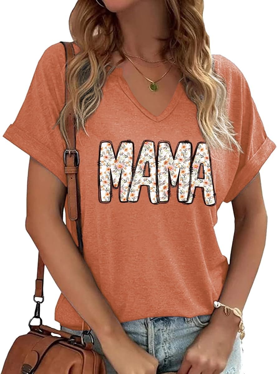 Mama V Neck Shirt Women Funny Mom Life T-Shirt Mother&#39;s Day Short Sleeve Graphic Tees Mama Gift Casual Tops Blouse Mother Shirt