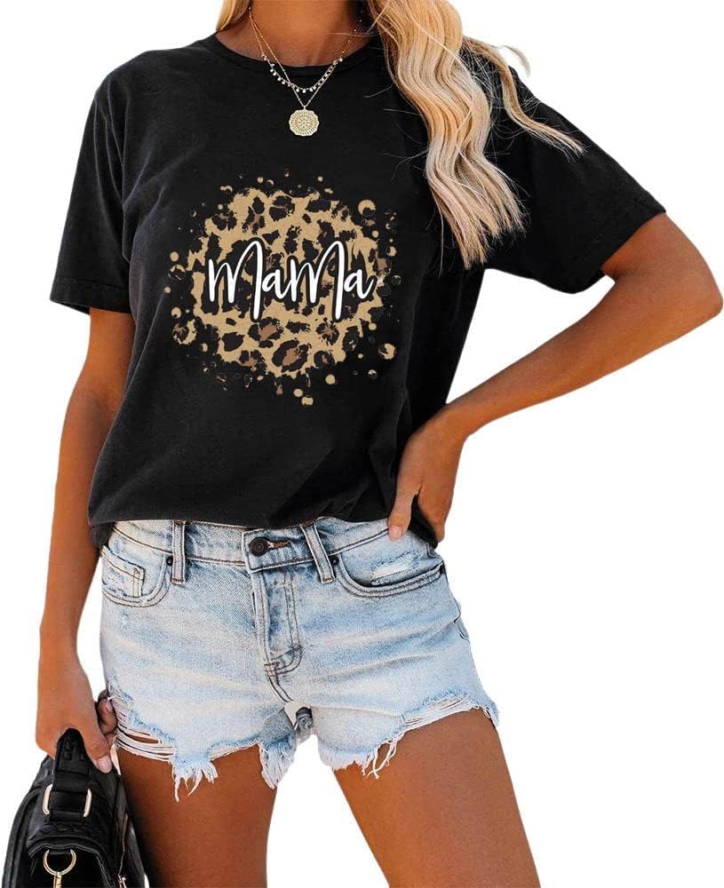 Womens Madre Leopard Print T-Shirts Short Sleeve Mama Shirts Cheetah Mom Graphic Tees Tops