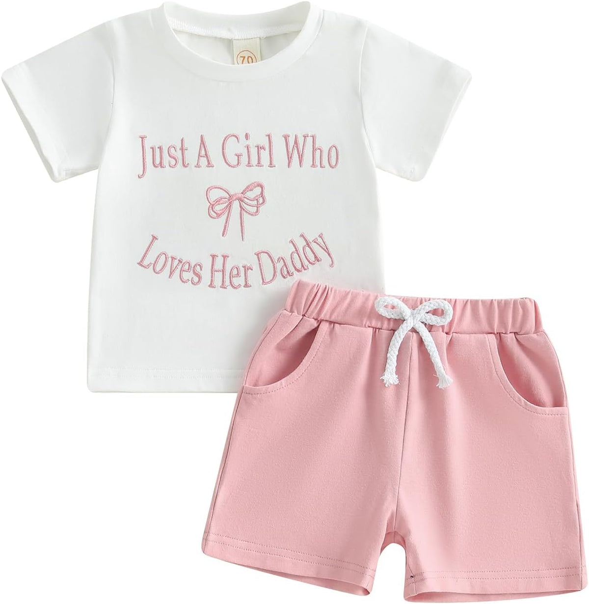 Meiweileya Toddler Baby Girl Summer Clothes Short Sleeve Funny Letters&amp;Bow Tshirt Tops Solid Shorts Set Father&#39;s Day Outfit