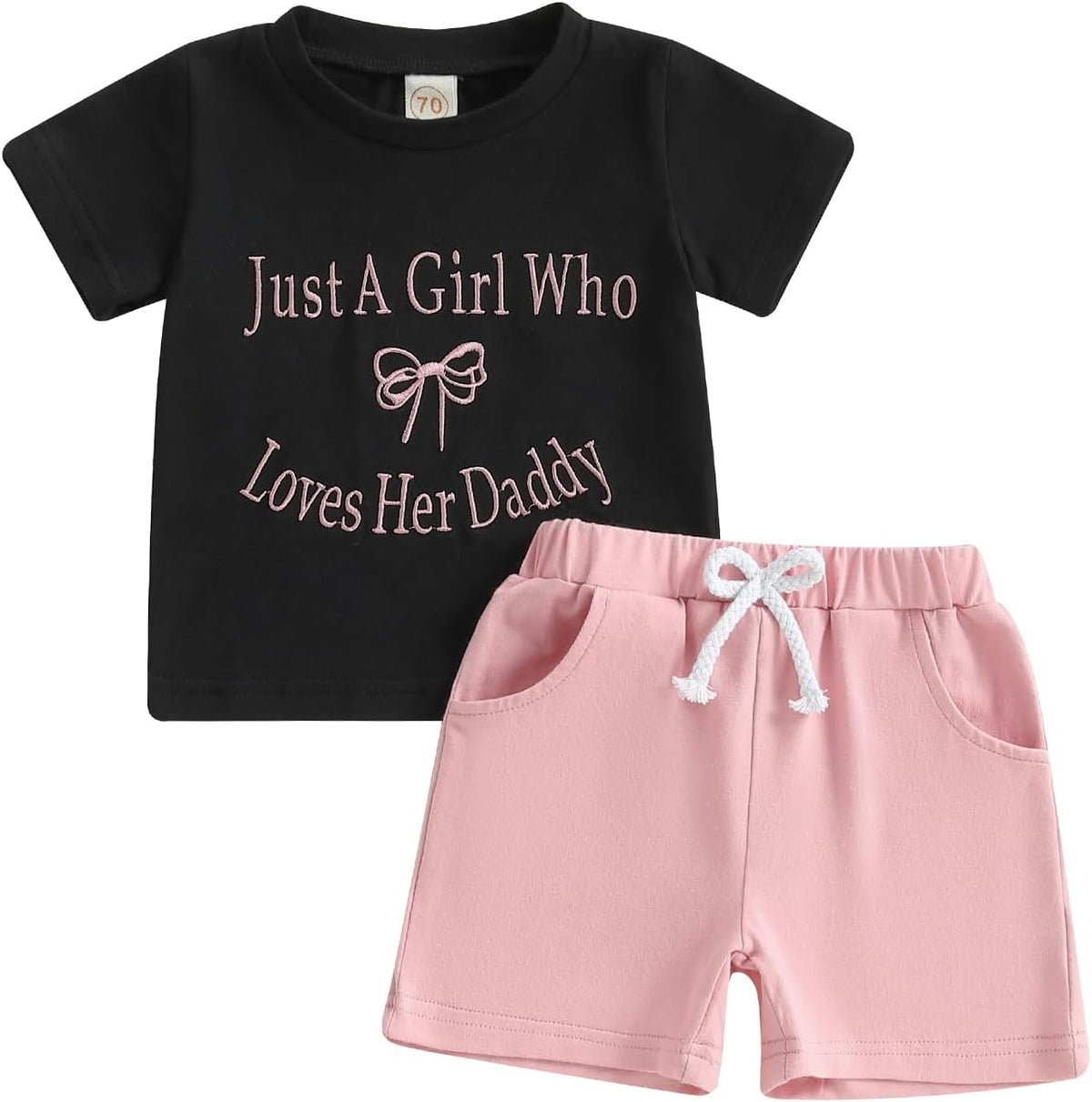 Meiweileya Toddler Baby Girl Summer Clothes Short Sleeve Funny Letters&amp;Bow Tshirt Tops Solid Shorts Set Father&#39;s Day Outfit