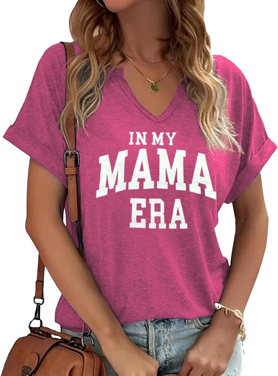 Mama V Neck Shirt Women Funny Mom Life T-Shirt Mother&#39;s Day Short Sleeve Graphic Tees Mama Gift Casual Tops Blouse Mother Shirt