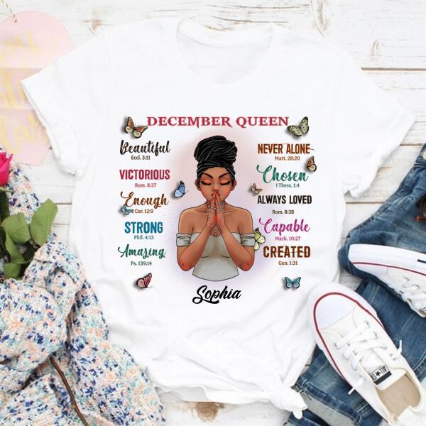 Personalized Birthday T Shirt, Queens Are Born In December Cotton T-Shirt, December Birthday Gifts For Afro Woman, December Birthday Gifts