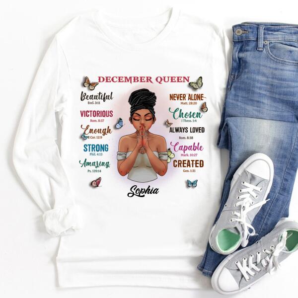Personalized Birthday T Shirt, Queens Are Born In December Cotton T-Shirt, December Birthday Gifts For Afro Woman, December Birthday Gifts