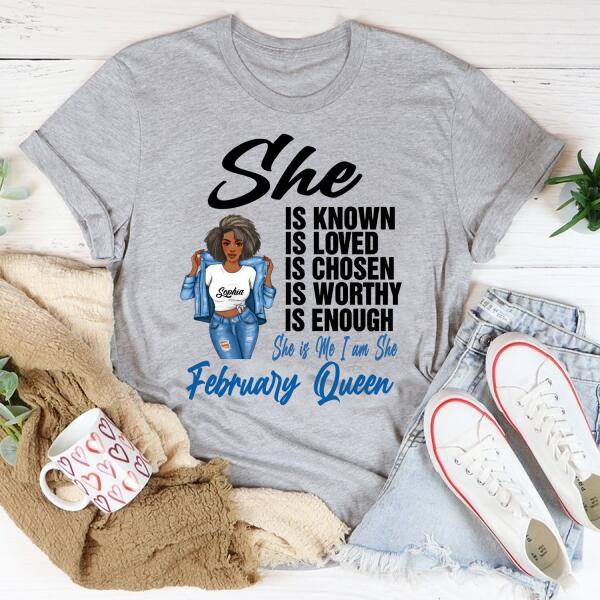 Personalized Birthday T Shirt, February Queen shirt, Queens Are Born In February Cotton T-Shirt, February Birthday Gifts For Afro Woman, February Birthday Gifts