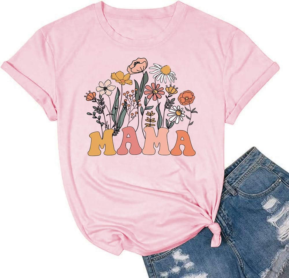 Mama Shirts for Women Retro Floral Mama Letter Printed Mother&#39;s Day Shirt Graphic Tshirt Mom Casual Tee Tops