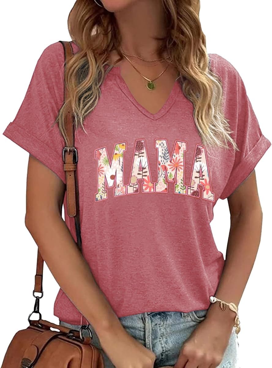 Mama V Neck Shirt Women Funny Mom Life T-Shirt Mother&#39;s Day Short Sleeve Graphic Tees Mama Gift Casual Tops Blouse Mother Shirt
