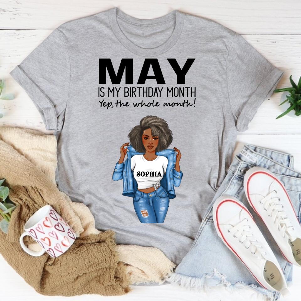 Personalized Birthday T Shirt, May is my birthday month, yep the whole month, Her Birthday Gifts For May, Afro Girls Shirt For Black Woman
