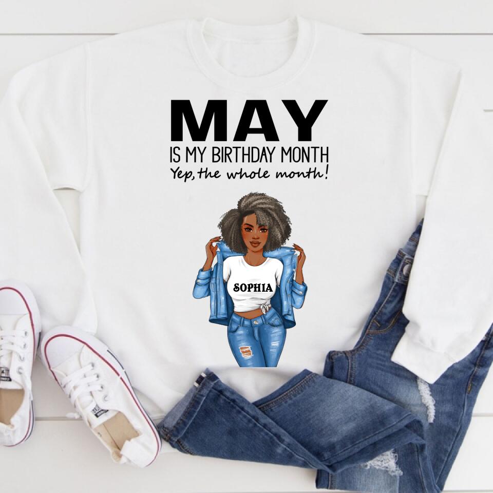 Personalized Birthday T Shirt, May is my birthday month, yep the whole month, Her Birthday Gifts For May, Afro Girls Shirt For Black Woman
