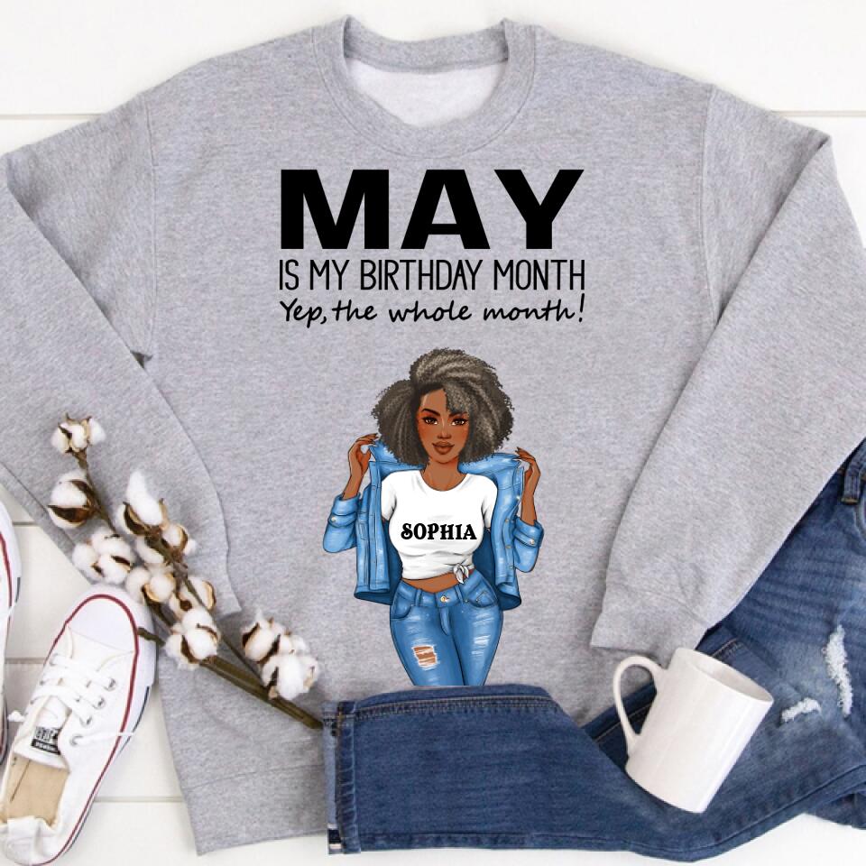 Personalized Birthday T Shirt, May is my birthday month, yep the whole month, Her Birthday Gifts For May, Afro Girls Shirt For Black Woman