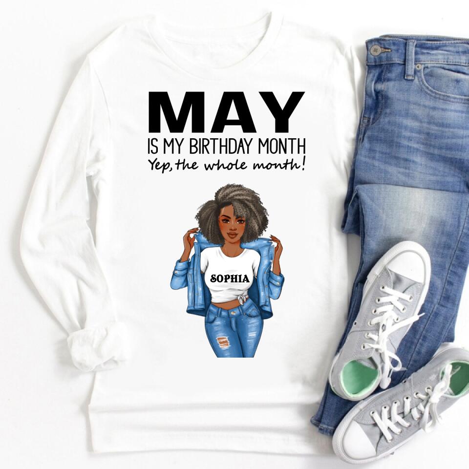 Personalized Birthday T Shirt, May is my birthday month, yep the whole month, Her Birthday Gifts For May, Afro Girls Shirt For Black Woman