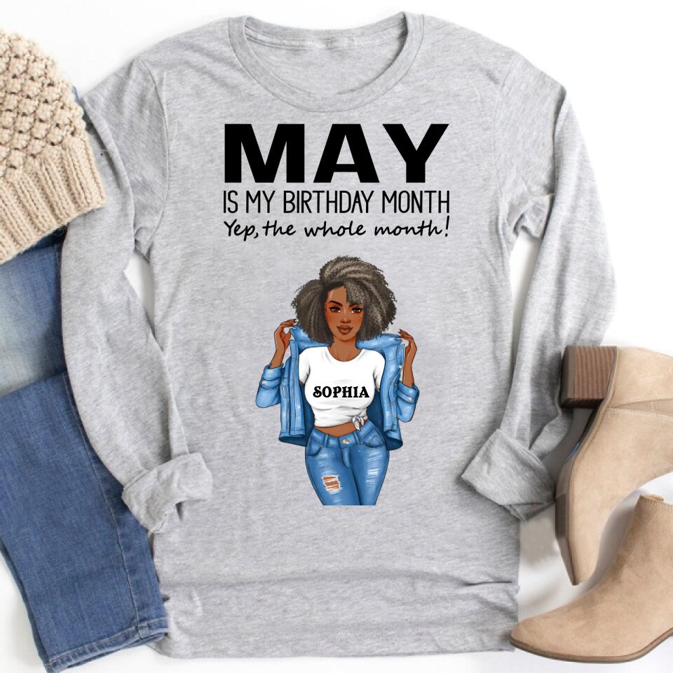 Personalized Birthday T Shirt, May is my birthday month, yep the whole month, Her Birthday Gifts For May, Afro Girls Shirt For Black Woman