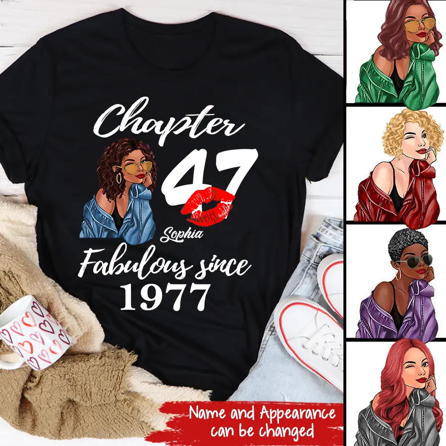Custom Birthday Shirts, Chapter 47, Fabulous Since 1977 47th Birthday Unique T Shirt For Woman, Her Gifts For 47 Years Old, Turning 47 Birthday Cotton Shirt - HCT