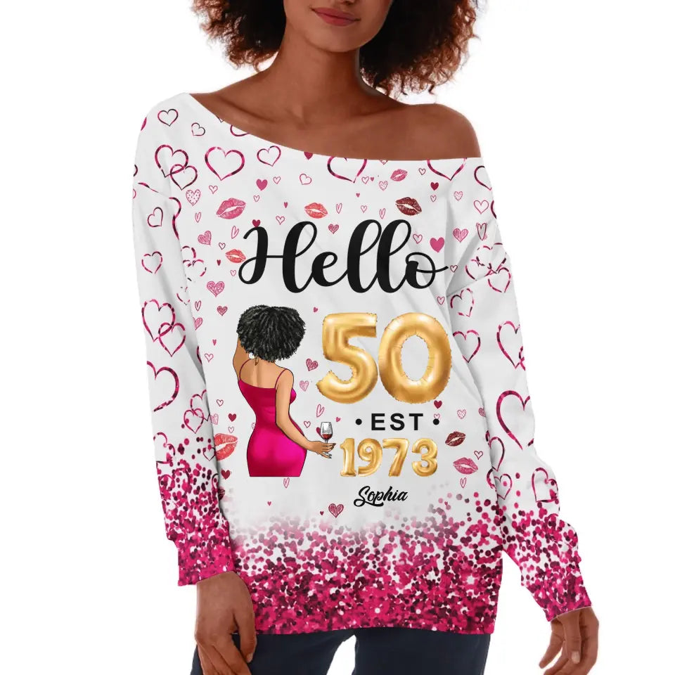 Women&#39;s Off-Shoulder Sweatshirt, Chapter 50, Fabulous Since 1974 50th Birthday Unique T Shirt For Woman - HCT