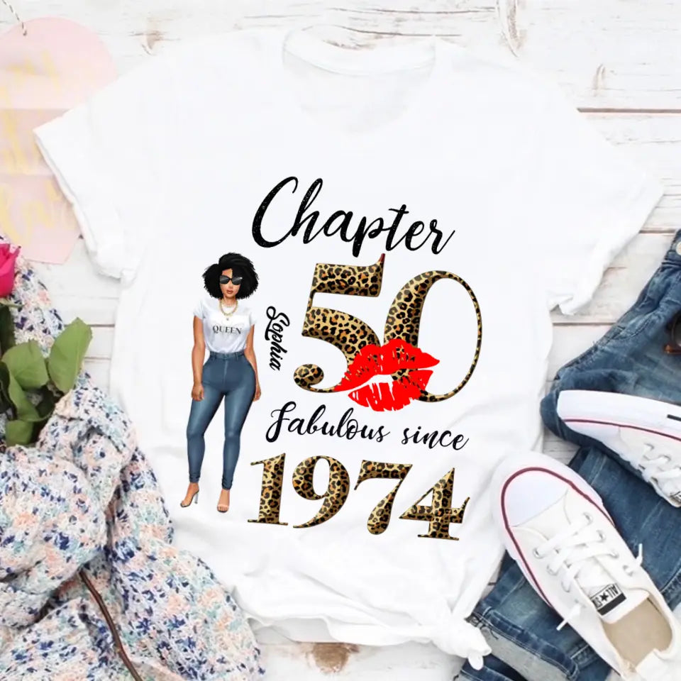 Chapter 50, Fabulous Since 1974 50th Birthday Unique T Shirt For Woman, Custom Birthday Shirt, Her Gifts For 50 Years Old , Turning 50 Birthday Cotton Shirt