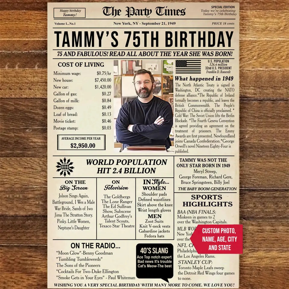 75th Birthday Newspaper Poster Sign Printable, 75th birthday gift for men or women, back in 1949, 75th birthday decorations, 1949 birthday