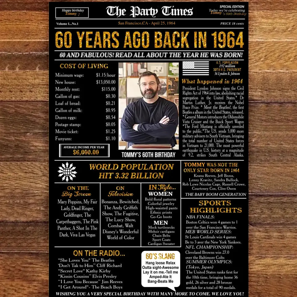 Personalized 60th birthday gift for men or women, 60th birthday newspaper poster, 60th birthday decor Printable, 60 years ago back in 1964
