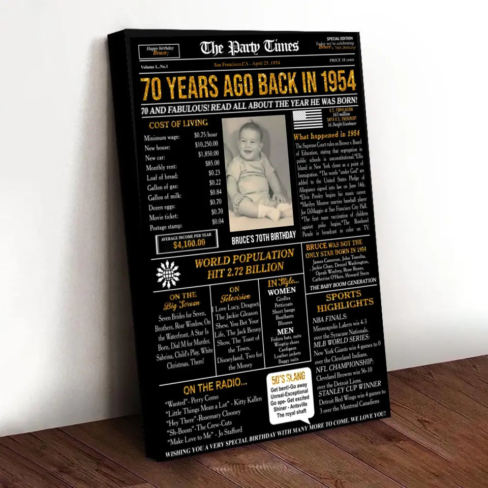 Personalized 70th birthday gift for men or women, 70th birthday newspaper poster, 70th birthday decor Printable, 70 years ago back in 1954