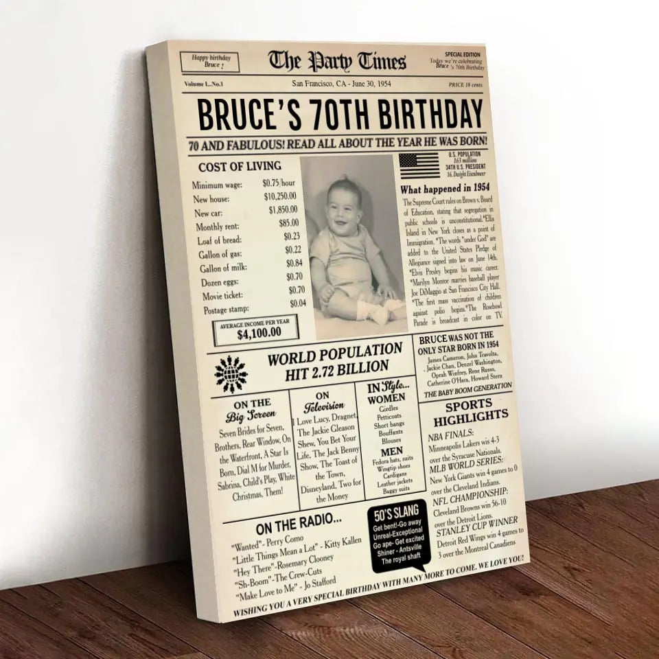 70th Birthday Newspaper Poster Sign Printable, 70th birthday gift for men or women, Back in 1954, 70th birthday decoration, 1954 birthday