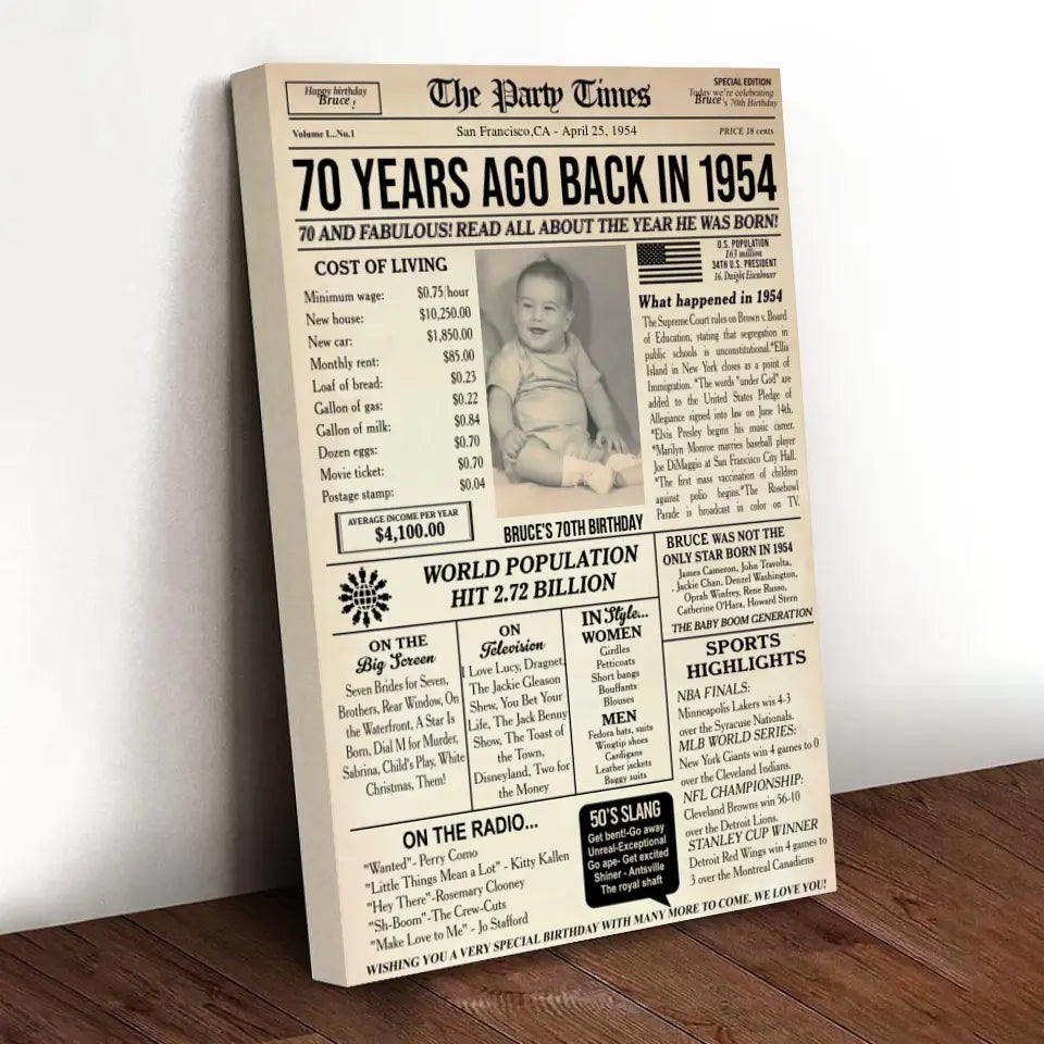 Personalized 70th birthday gift for men or women, 70th birthday newspaper poster, 70th birthday decor Printable, 70 years ago back in 1954
