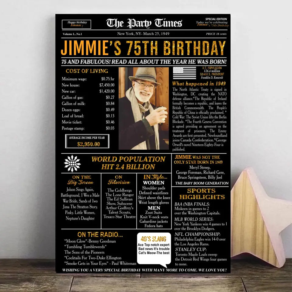 Personalized 75th birthday gift for men or women, 75th birthday newspaper poster, 75th birthday decor Printable, 75 years ago back in 1949