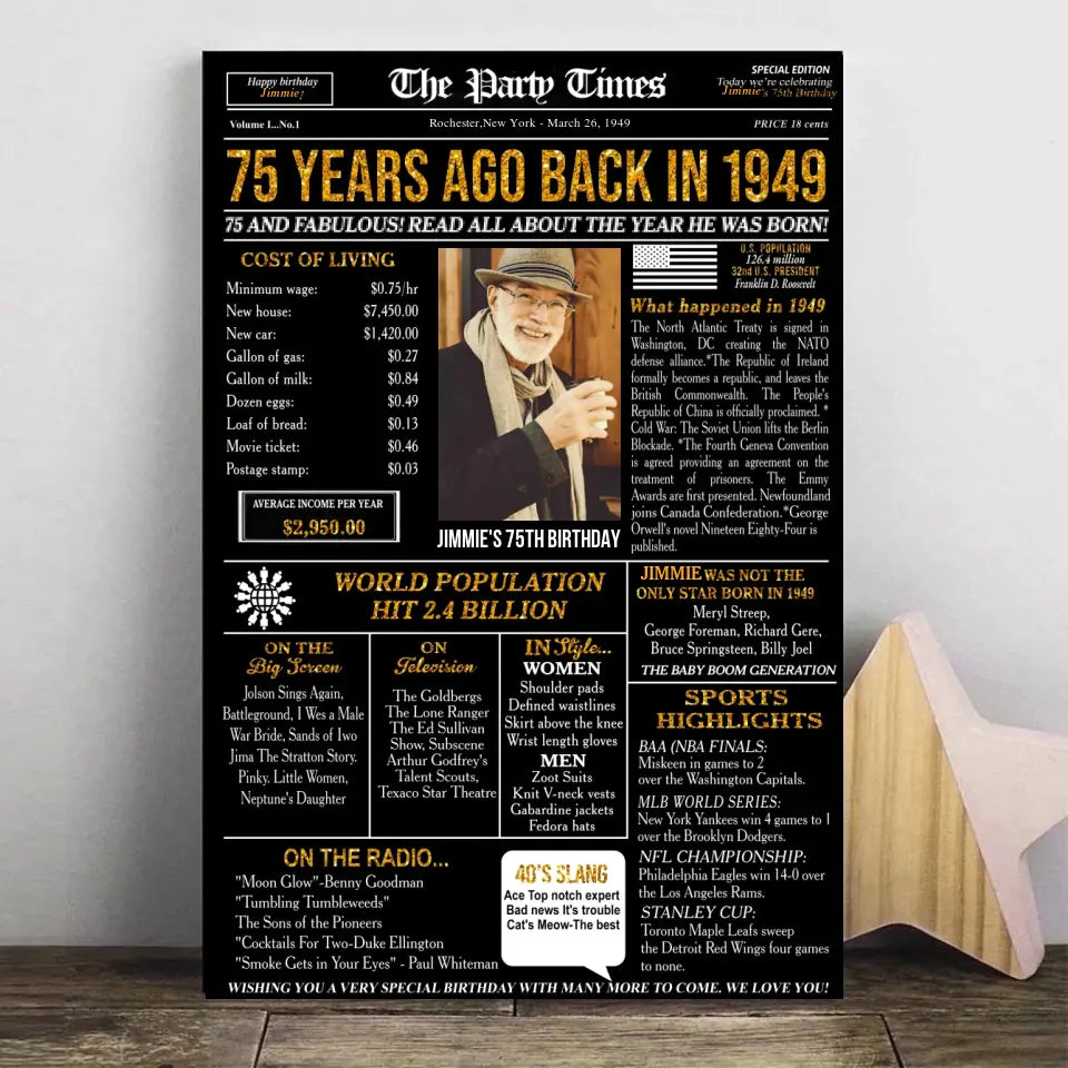 Personalized 75th birthday gift for men or women, 75th birthday newspaper poster, 75th birthday decor Printable, 75 years ago back in 1949