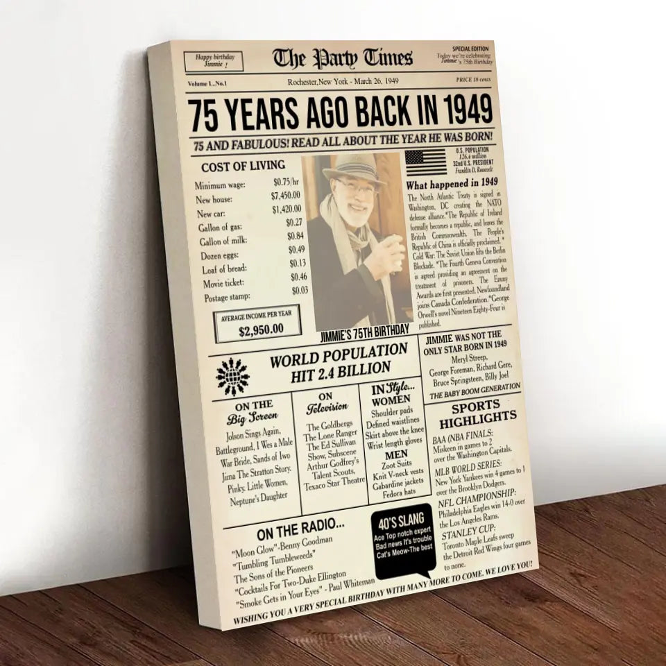 Personalized 75th birthday gift for men or women, 75th birthday newspaper poster, 75th birthday decor Printable, 75 years ago back in 1949