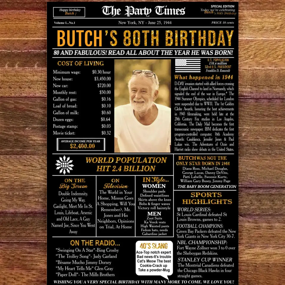 80th Birthday Newspaper Poster Sign Printable, 80th birthday gift for men or women, Back in 1944, 80th birthday decorations, party decor