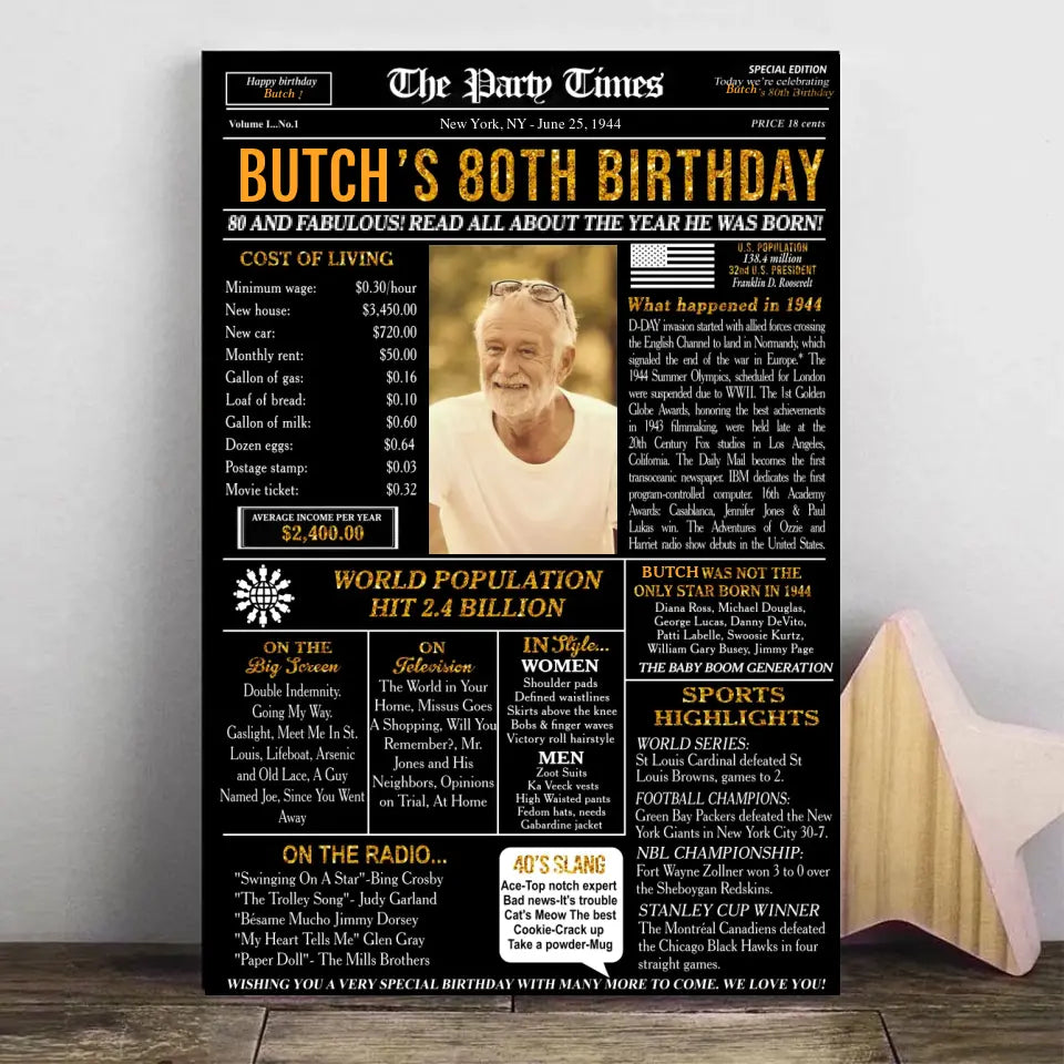 80th Birthday Newspaper Poster Sign Printable, 80th birthday gift for men or women, Back in 1944, 80th birthday decorations, party decor
