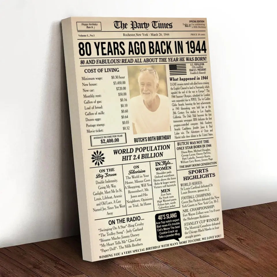 Personalized 80th birthday gift for men or women, 80th birthday newspaper poster, 80th birthday decor Printable, 80 years ago back in 1944