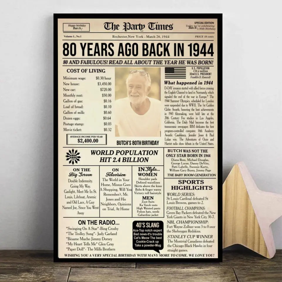 Personalized 80th birthday gift for men or women, 80th birthday newspaper poster, 80th birthday decor Printable, 80 years ago back in 1944