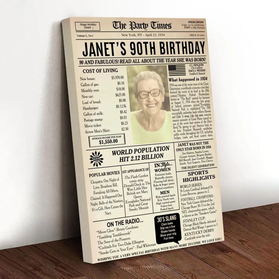 90th Birthday Newspaper Poster, 90th birthday gift for grandma or grandpa, 1934 birthday, back in 1934, 90th birthday decorations Printable
