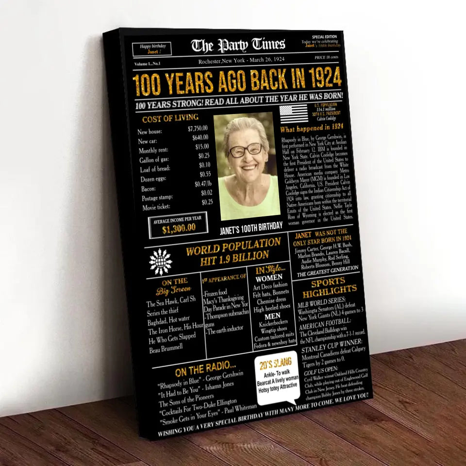 Personalized 100th Birthday Gift 100th Birthday Newspaper Poster Canvas 100th Birthday Decor Printable 100 Years Ago Back In 1924